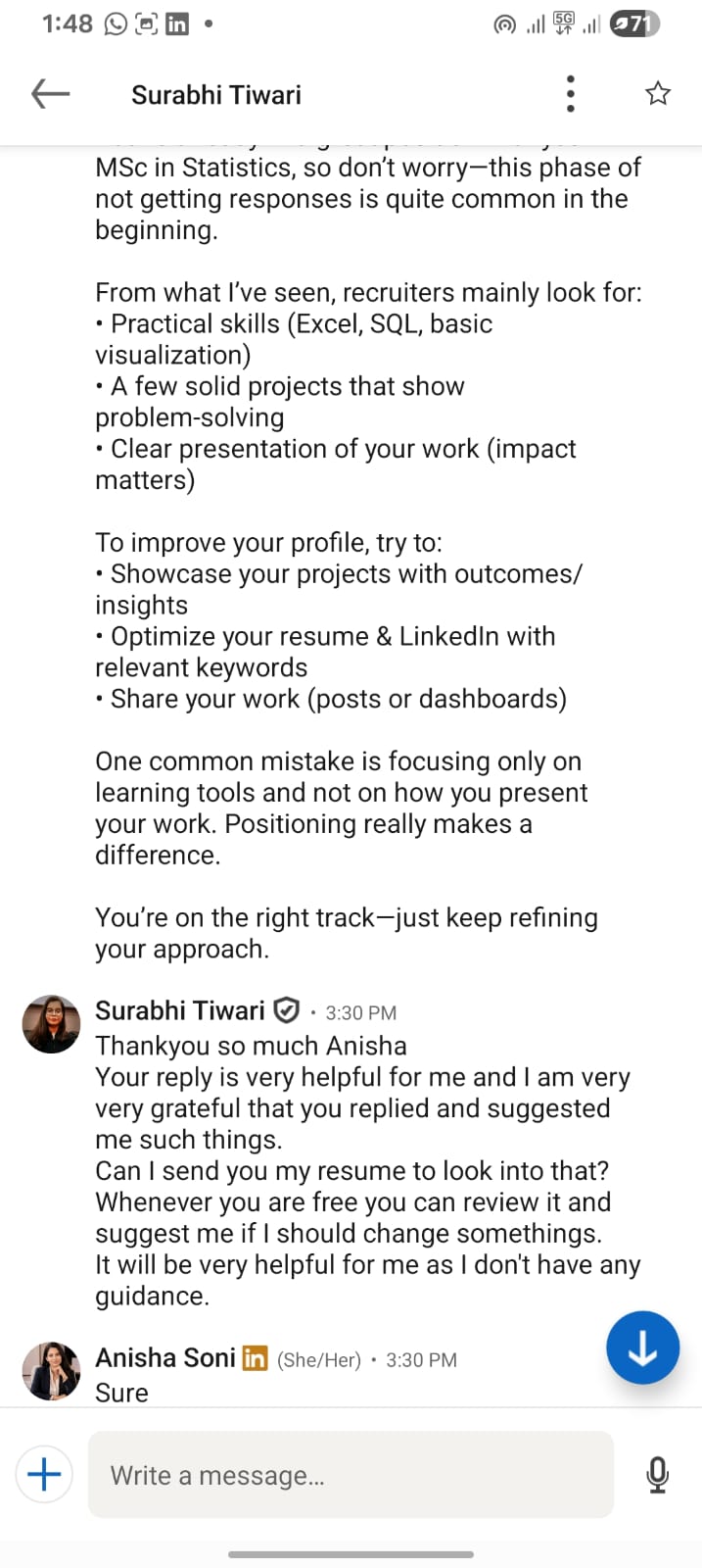 LinkedIn conversation excerpt with Surabhi Tiwari