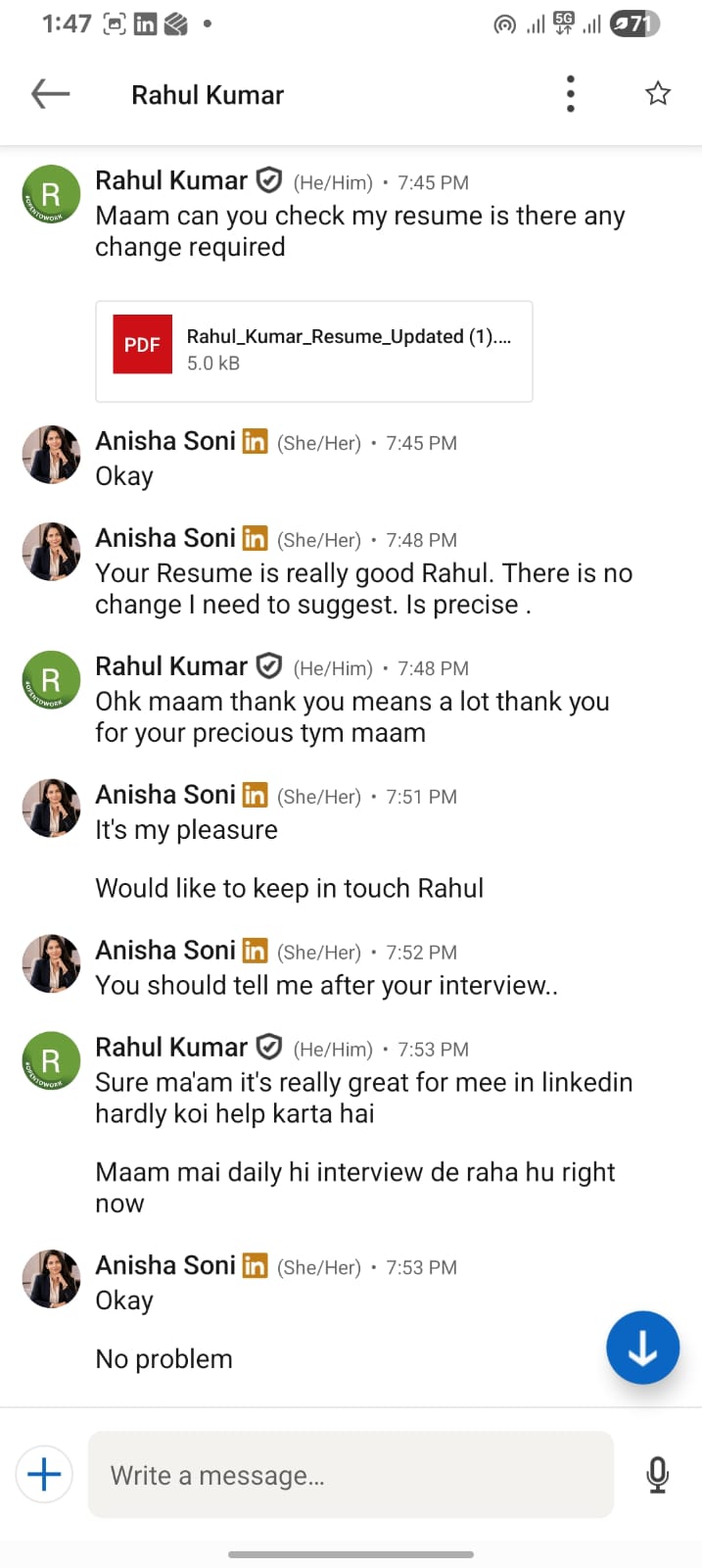 LinkedIn conversation excerpt with Rahul Kumar