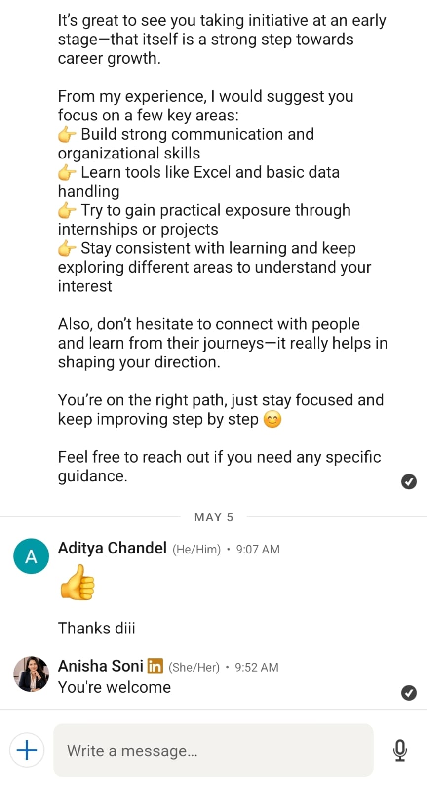 LinkedIn conversation excerpt with Aditya Chandel