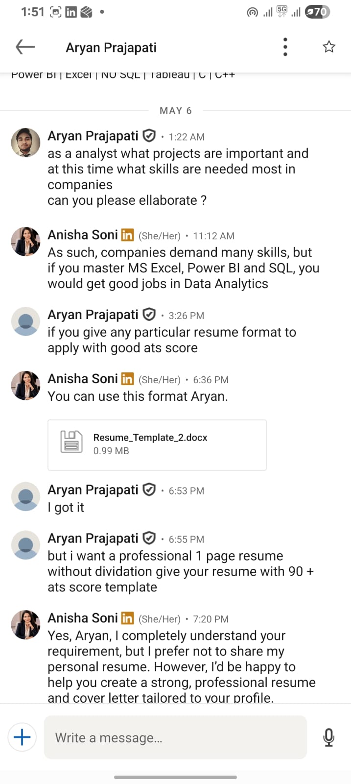 LinkedIn conversation excerpt with Aryan Prajapati